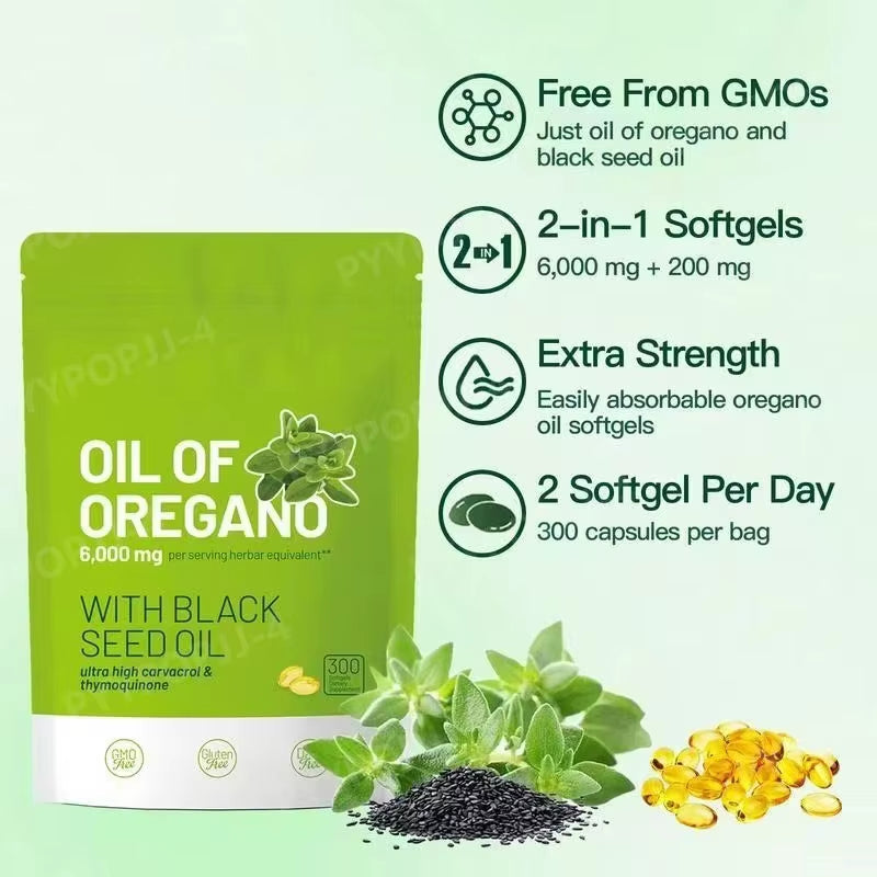 1/2/3 Bags 2-In-1 Oregano Oil Soft Capsules Containing 6000Mg Oil Oregano 200Mg Black Seed Oil 300 Pieces per Bag