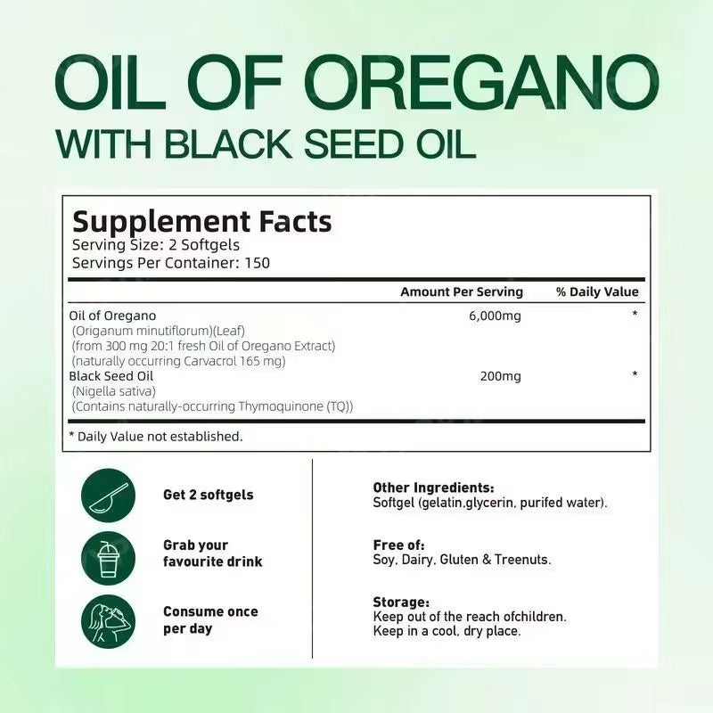 1/2/3 Bags 2-In-1 Oregano Oil Soft Capsules Containing 6000Mg Oil Oregano 200Mg Black Seed Oil 300 Pieces per Bag